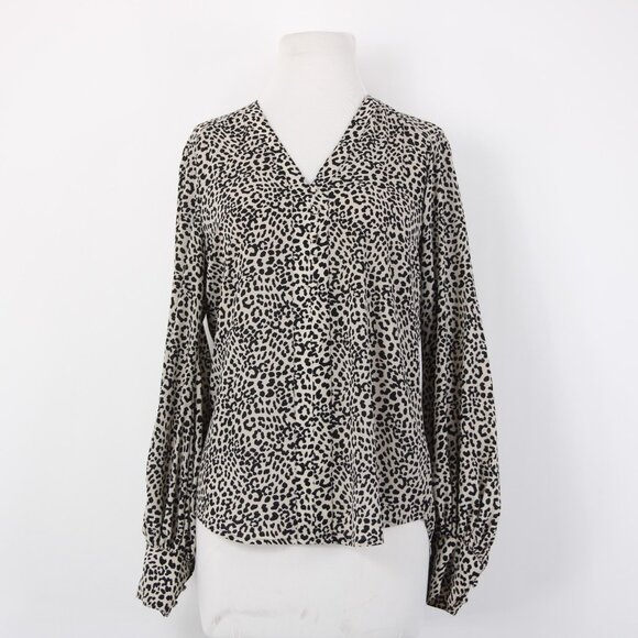 Express Top Sz SP Black Tan Animal Print V Neck 100% Polyester Top - Picture 2 of 12